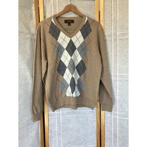 Tasso Elba Mens Sweater Beige Knit Argyle V Neck Cotton L/S Medium Classic